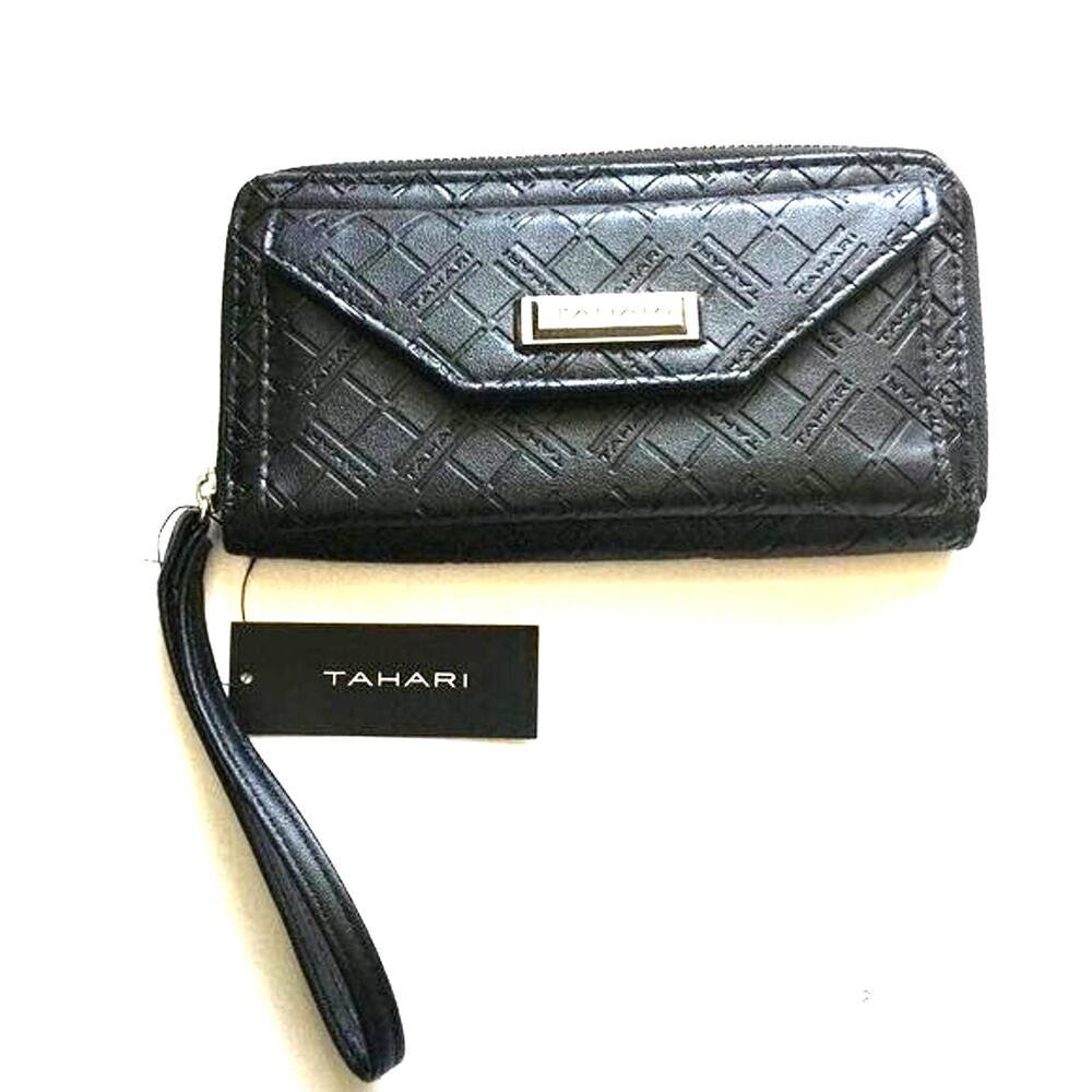 Tahari Organizer Black Clutch Wristlet Wallet Size-8" x 4 1/2" Diamond T emboss